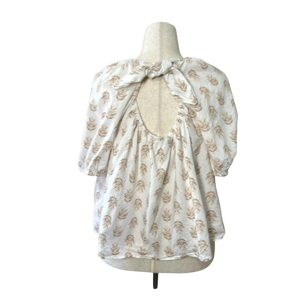 Old Navy Floral Block Stamp Peasant Top XL Puff Sleeve Tie Back Cottage Boho